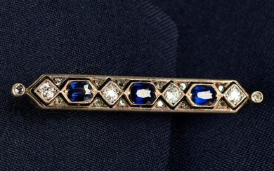 A mid 20th century silver and gold, sapphire, old-cut and diamond point bar brooch.Estimated total