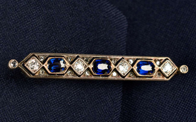 A mid 20th century silver and gold, sapphire, old-cut and diamond point bar brooch.