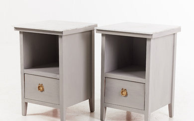 A pair of 20th century bedside tables, painted in grey, brass fittings, marble discs.