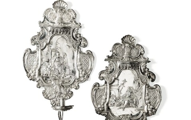 A pair of German silver wall sconces for single lights, Peter Rahm, Augsburg, 1716