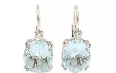 A pair of aquamarine and diamond ear pendants each set with an oval-cut aquamarine and a brilliant-cut diamond, mounted in 18k white gold. (2)