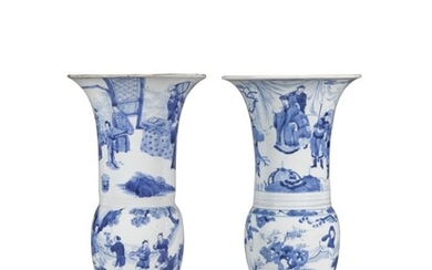 A pair of blue and white beaker vases, gu, Qing Dynasty, Kangxi period | 清康熙 青花人物故事圖花觚一組兩件, A pair of blue and white beaker vases, gu, Qing Dynasty, Kangxi period | 清康熙 青花人物故事圖花觚一組兩件