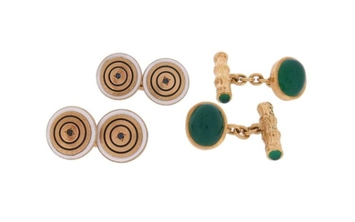 A pair of chrysoprase and gold cufflinks, the stylised wood...