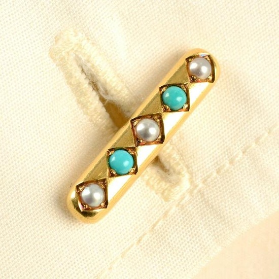 A pair of early 20th century 15ct gold alternating split pearl and turquoise line cufflinks.Engraved