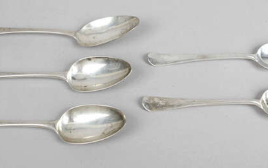 A pair of early George III Hanoverian silver table spoons, together with three Old English pattern examples.