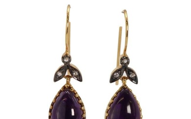 A pair of gold amethyst and diamond drop earrings