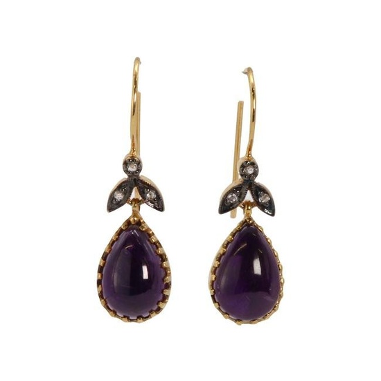 A pair of gold amethyst and diamond drop earrings