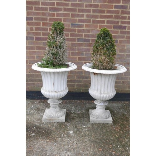 A pair of painted cast iron garden urns, 30" high x 23" diam...