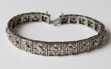 A platinum and diamond bracelet of tapering square link form, each square link collet set with a pri