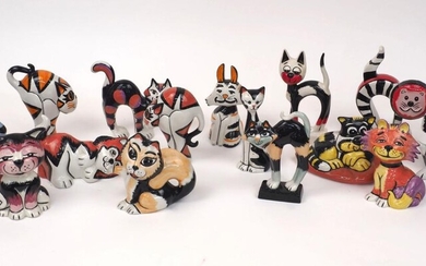 A quantity of Lorna Bailey pottery cats, 20th century and later, of varying forms in various colour ways, with signatures to bases, tallest 17cm high (14)