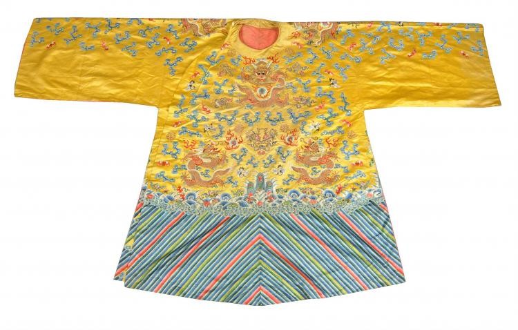 A rare Chinese yellow silk 'Imperial Court Opera' theatrical dragon robe