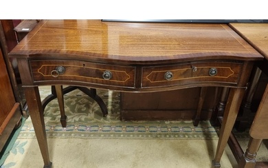 A reproduction Mahogany and inlaid serpentine fronted Side T...