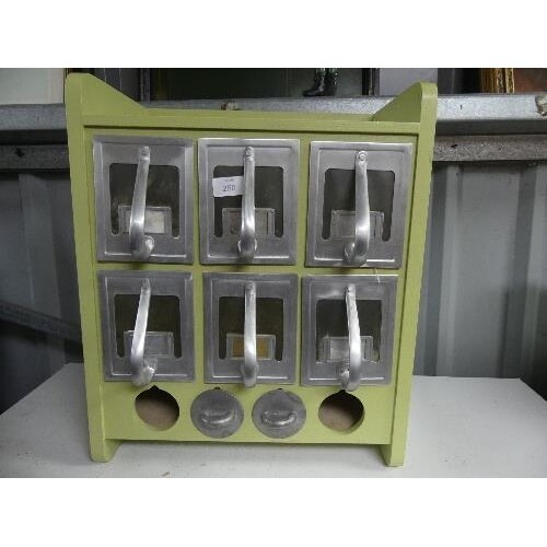 A retro hanging Spice Cabinet, with six sections/scoops and ...