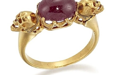 A ruby single stone ring, the oval cabochon...