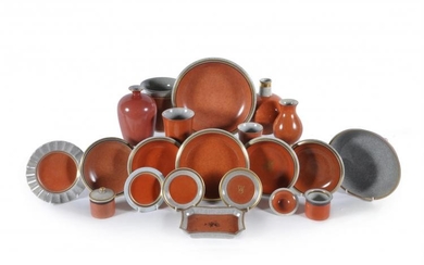 A selection of modern Royal Copenhagen crackle-glazed coral and grey ground porcelain