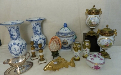 A set including two covered pots, two vases, a terrine (?) in porcelain of Sèvres, Paris etc., a covered vase "Château de Versailles" in porcelain of China (?), a shell carved in cameo and a fish in gilded bronze. Attached are two white marble and...