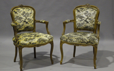 A set of eight 20th century French beech showframe dining chairs, upholstered in pattern velour, com