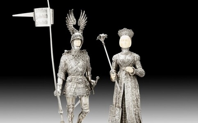 Two German large silver and ivory sculptures of a king and a queen, Neresheimer, Hanau, circa 1895 | Deux grandes statues représentant un roi et reine en argent et ivoire par Neresheimer, Hanau, vers 1895
