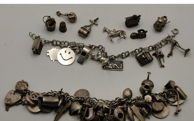 A silver charm bracelet with heart padlock clasp, the clasp ...