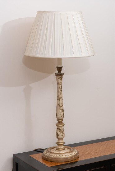 A tall Grecian style lamp with cream shade and painted...