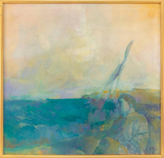 AMERICAN SCHOOL, 20th Century, Abstract view of a man on a beach., Oil on canvas, 40" x 42". Framed 42" x 44".