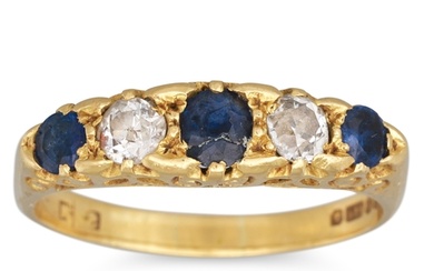 AN ANTIQUE DIAMOND AND SAPPHIRE FIVE STONE RING, to a 18ct g...