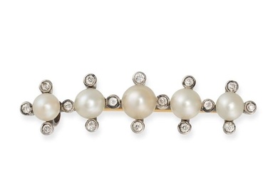 AN ANTIQUE NATURAL SALTWATER PEARL AND DIAMOND BROOCH in yellow gold and silver, set with a row of