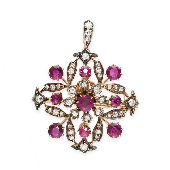 AN ANTIQUE RUBY AND DIAMOND PENDANT / BROOCH in yellow