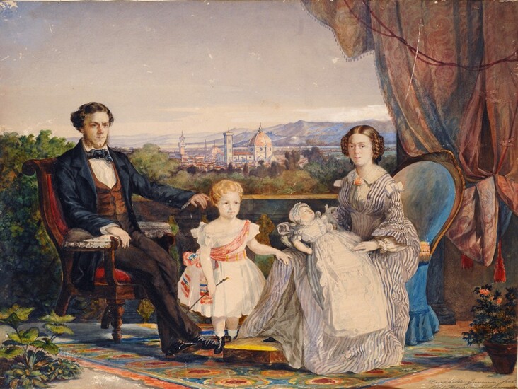 ANONIMO, XIX SEC., Ritratto di famiglia con Firenze sullo sfondo