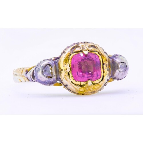 ANTIQUE TOURMALINE AND DIAMOND RING, set with a central tour...