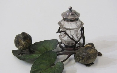 AUSTRIAN COLD PAINTED BRONZE INK WELL, decorated two birds o...