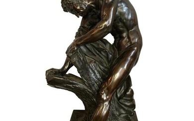 After Edme Dumont 19th Cent Large Bronze Depicting Male Figure of Milo De Croton