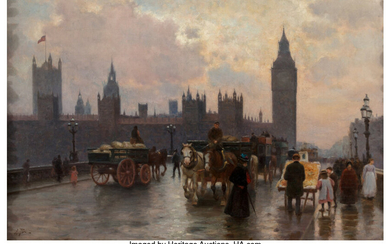 Alberto Pisa (1864-1931), The Houses of Parliament form the Westminster Bridge