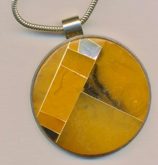 Amber Mother of Pearl & Sterling Silver Pendant & Chain