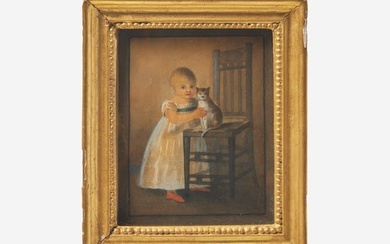 American or Continental School 19th century, Portrait of a Young Girl with Pet Cat