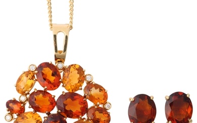 An 18ct gold citrine and diamond cluster pendant necklace an...