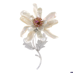 An 18ct gold diamond, pink sapphire and cultured pearl floral brooch.