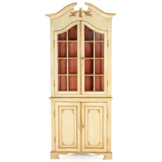 An 18th century painted and gilt wood Rococo corner cabinet, curved top, front with two vitrine doors and two doors. H. 221. W. 97. D. 51 cm.