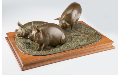 An Andre Harvey Pigs! Cast Bronze Sculpture on Wooden Stand (1990)