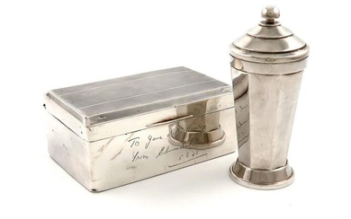 An Art Deco silver push-action sugar caster, by Elkington and Co., Birmingham 1935, tapering faceted circular form, with a sprung push-down ball finial, on a circular foot, plus a silver cigarette box, the front inscribed ~To Jane and Henry from...
