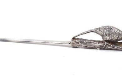 An Asprey & Co. letter opener with pheasant handle, the blade hallmarked Birmingham, 1995, the cast handle (unmarked) designed as a pheasant on a branch, 21.2cm long