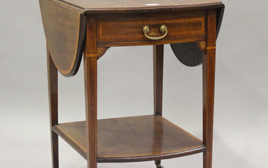 An Edwardian mahogany and satinwood crossbanded drop-flap occasional table, height 72cm, width 95cm
