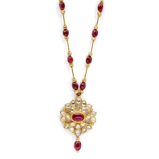 An Indian ruby and diamond pendant necklace