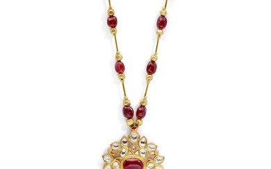An Indian ruby and diamond pendant necklace