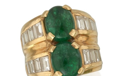 An eighteen karat gold, emerald, and diamond ring twin...