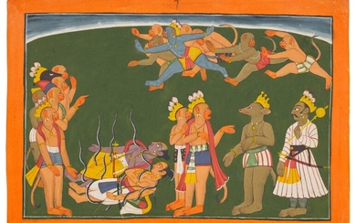 An illustration from the Yuddha Kanda or Lanka Kanda of the 'Shangri Ramayana', Style III: Rama and Lakshmana bound by Indrajit's weapon, North India, Pahari Hills, Bahu (Jammu) or Kulu, 1700-10