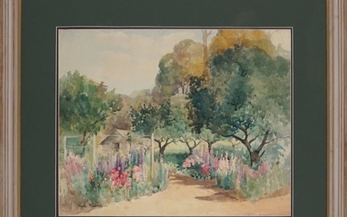 Ann Hedley Parsons (1870 - 1960) - Cottage Among Hollyhocks 42 x 52 cm