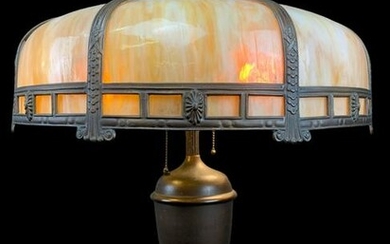 Antique Art Nouveau Slag Glass Table Lamp Signed