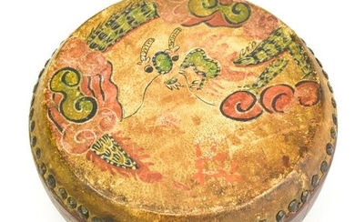 Antique Asian Drum with Hand Painted Dragon