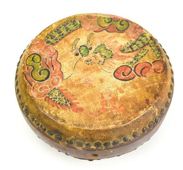 Antique Asian Drum with Hand Painted Dragon